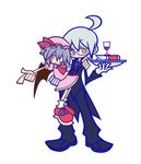  1girl adenine_(artist) ahoge alternate_costume bat_wings blue_hair blush_stickers book butler cup drinking_glass glass glasses hat long_sleeves miniskirt morichika_rinnosuke necktie one_eye_closed parody pointing puyopuyo puyopuyo_fever red_eyes remilia_scarlet short_hair silver_hair simple_background skirt smile style_parody touhou tray wine_glass wings yellow_eyes 