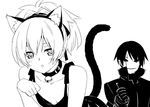  1girl animal_ears bell bell_collar blush cat_ears cat_tail collar darker_than_black greyscale hei jingle_bell looking_at_viewer mask monochrome paw_pose peko ribbon short_hair simple_background tail thumbs_up white_background yin 