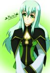  1girl breasts cleavage dress green_background green_eyes green_hair long_hair martel_yggdrasill smile tales_of_(series) tales_of_symphonia 