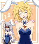  :d ^_^ ahoge anger_vein animal_ears armpits arms_behind_back bangs bare_shoulders blonde_hair blue_leotard blush body_blush breasts bunny_ears bunnysuit charlotte_dunois cleavage closed_eyes copyright_name cowboy_shot detached_collar eyepatch fake_animal_ears fishnet_pantyhose fishnets flat_chest frame hair_ribbon hand_on_hip head_tilt infinite_stratos jewelry kemonomimi_mode kuon_(nokokopopo) laura_bodewig leotard long_hair medium_breasts multiple_girls necklace open_mouth orange_background pantyhose pendant ribbon silver_hair smile strapless upper_body very_long_hair wrist_cuffs 