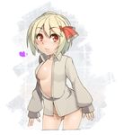  blonde_hair blush bottomless breasts dress_shirt hair_ribbon heart kochiya_(gothope) looking_at_viewer medium_breasts midriff naked_shirt no_bra open_clothes open_shirt red_eyes ribbon rumia shirt short_hair smile solo touhou 