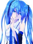  bare_shoulders blue_eyes blue_hair daburu detached_sleeves finger_to_mouth hatsune_miku long_hair looking_at_viewer nail_polish necktie solo twintails vocaloid 