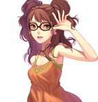  bare_shoulders black-framed_eyewear brown_eyes brown_hair earrings fkey glasses highres jewelry kujikawa_rise looking_at_viewer open_mouth persona persona_4 simple_background smile solo two_side_up 