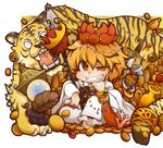  bishamonten's_pagoda bishamonten's_spear blonde_hair bracelet brown_eyes chin_rest claws coin coral cross crown fangs gem goblet grin gurageida hair_ornament jewelry multicolored_hair necklace no_pupils polearm ring scimitar sitting smile solo spear sword tail tiger tiger_tail toramaru_shou touhou treasure two-tone_hair urn weapon 