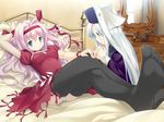  bed bedroom black_legwear brigitte_auber crossed_legs dress feet foreshortening fue_(tsuzuku) highres indoors legs liane_jacotey long_hair lying multiple_girls purple_hair sitting soles thighhighs vanitas_no_hitsuji 