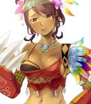  bone_(stare) breasts brown_eyes brown_hair carna cleavage dark_skin feathers headband jewelry large_breasts lips midriff mole navel necklace solo sweat tribal xenoblade_(series) xenoblade_1 