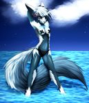  canine clothed clothing cloud clouds female fennec fluffy_tail fox long_tail mammal night nipple_tape pacmancorp petite red_eyes skimpy solo standing stars topless water 