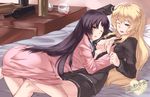  alcohol bed black_hair blonde_hair blue_eyes bottle breast_grab breasts cup drinking_glass drooling drunk gebyy-terar grabbing hand_on_own_head hangover ikezawa_hanako katawa_shoujo long_hair messy_hair multiple_girls open_clothes open_shirt pajamas purple_hair satou_lilly scar shirt spilling waking_up wine wine_glass yuri 