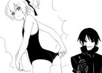  1girl adjusting_clothes adjusting_swimsuit ass competition_school_swimsuit darker_than_black flat_chest greyscale hei looking_at_viewer looking_back mask monochrome one-piece_swimsuit peko short_hair simple_background swimsuit thumbs_up white_background yin 