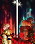  armor bad_id bad_pixiv_id beard blonde_hair cape earrings facial_hair fate/zero fate_(series) gilgamesh glowing highres jewelry male_focus multiple_boys muscle pinkboudoir red_eyes rider_(fate/zero) star_(sky) 