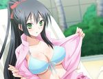  :o bad_id bad_pixiv_id bikini_top black_hair blush breasts cleavage front-tie_top green_eyes kanden_suki kore_wa_zombie_desu_ka? large_breasts long_hair open_clothes ponytail seraphim_(kore_wa_zombie_desu_ka?) solo swimsuit swimsuit_under_clothes 