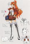  2000 alternate_costume book boots breasts bustier cleavage cleavage_cutout concept_art corset cross-laced_footwear earrings grandia grandia_ii hand_on_hip high_heels high_ponytail jewelry kanoe_youshi knee_boots large_breasts legs long_legs millenia_(grandia) official_art ponytail red_hair shoes solo teacher thigh_boots thighhighs thighs white_legwear 