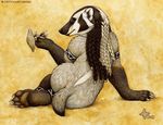  ambiguous_gender anthro badger braids claws female hindpaw kyoht_luterman looking_at_viewer looking_back mammal mushroom mustelid nude paws pinup pose sitting solo 