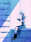  ayanami_rei black_legwear blue blue_hair blurry book bookshelf crossed_legs depth_of_field highres kobayashi_yuuji mary_janes neon_genesis_evangelion profile reading red_eyes ribbon school_uniform shoes short_hair signature sitting solo sunlight 