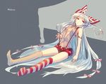  adapted_costume bad_id bad_pixiv_id bare_shoulders bow breasts character_name cleavage fujiwara_no_mokou hair_bow hair_ribbon kurobuta_gekkan long_hair medium_breasts mismatched_legwear navel red_eyes ribbon shorts solo striped striped_legwear suspenders thighhighs touhou very_long_hair white_hair 