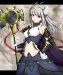  armor axe bare_shoulders bracer cape earrings faulds hair_ornament halcyon hand_on_hip harlem_heart helmet highres jewelry long_hair midriff original parted_lips red_eyes silver_hair solo weapon winged_helmet 