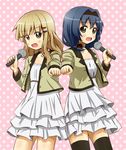  black_legwear blonde_hair blue_hair braid clenched_hand collarbone dress fang flower furutani_himawari hair_intakes hair_ornament hairband hairclip looking_at_viewer microphone multiple_girls oomuro_sakurako open_mouth polka_dot polka_dot_background sunflower thighhighs udan yuru_yuri 