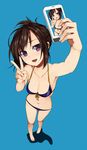  :d arm_up barefoot bikini blue_background blue_bikini blush breasts brown_hair cellphone cellphone_picture cleavage collarbone foreshortening from_above front-tie_top medium_breasts navel open_mouth original phone purple_eyes self_shot short_hair simple_background smartphone smile solo swimsuit taking_picture unasaka_ryou v 