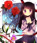  bad_id bad_pixiv_id black_hair book chitanda_eru flower hyouka kozue1120 long_hair plant pleated_skirt rain school_uniform serafuku skirt smile solo 