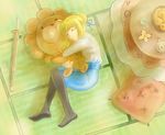  ahoge artoria_pendragon_(all) bad_id bad_pixiv_id black_legwear blonde_hair casual dress fate/stay_night fate_(series) hair_ribbon highres hug pantyhose ribbon saber shinai sleeping solo stuffed_animal stuffed_lion stuffed_toy suzumebati3 sword weapon 