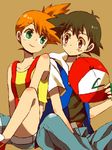  1girl bad_id bad_pixiv_id belt brown_eyes brown_hair denim fingerless_gloves gloves green_eyes hat headwear_removed jacket kasumi_(pokemon) mochi730 orange_hair pokemon pokemon_(anime) satoshi_(pokemon) shoes short_hair shorts side_ponytail simple_background sitting smile sneakers suspenders tegaki 