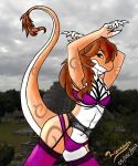  2018 5_fingers absurd_res anthro beige_countershading beige_skin breasts brown_hair clothing cloud countershading dinosaur eyebrows female garter_belt garter_straps hair hands_over_head hi_res jade_(disambiguation) legwear lingerie lizardnix markings non-mammal_breasts nude photo_background pose pyramid reverse_countershading scalie smile solo standing tail_tuft tree tribal_markings tuft underwear white_belly yellow_eyes 