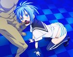  blue_eyes blue_hair blush censored fellatio kampfer kekke kneeling open_mouth oral penis senou_natsuru tears thighhighs uniform 