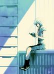  ayanami_rei black_legwear blue_hair blurry book bookshelf crossed_legs depth_of_field highres kobayashi_yuuji light_smile looking_at_viewer mary_janes neon_genesis_evangelion profile reading red_eyes ribbon school_uniform shoes short_hair signature sitting smile solo sunlight 