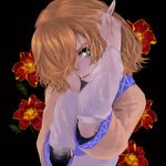  arm_warmers bad_id bad_pixiv_id black_background blonde_hair eiri_(gb-delta) floral_background flower frown green_eyes hair_over_one_eye hands_on_own_face lips long_pointy_ears looking_at_viewer marigold mizuhashi_parsee pointy_ears serious solo touhou upper_body 