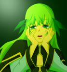  1girl capelet green_background green_eyes green_hair long_hair martel_yggdrasill open_mouth parody tales_of_(series) tales_of_symphonia yandere_trance 