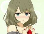  blush fringe_trim gift green_hair heterochromia idolmaster idolmaster_cinderella_girls kawazuishi mole mole_under_eye off_shoulder solo takagaki_kaede 