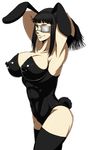  1girl abs adjusting_hair animal_ears armpits arms_behind_head arms_up black_hair black_legwear breasts bunny_ears bunny_girl bunny_tail bunnysuit erect_nipples eyepatch fake_animal_ears female highres hikora jormungand large_breasts long_hair looking_at_viewer pixiv_manga_sample resized simple_background smile sofia_valmer solo tail thighhighs white_background yellow_eyes 