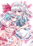  blue_hair blush braid hat head_on_shoulder holding_hands izayoi_sakuya light_smile maid maid_headdress marker_(medium) meguri_uguisu multiple_girls pastel_(medium) pink_eyes purple_eyes remilia_scarlet short_hair silver_hair touhou traditional_media twin_braids 