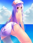  ass back bad_id bad_pixiv_id bikini bikini_bottom blue_sky blush cameltoe cloud cresc-dol crotch_rub day hair_ribbon hat innertube looking_back ocean patchouli_knowledge purple_bikini purple_eyes purple_hair ribbon sky solo swimsuit topless touhou 