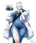  1girl absurdres artist_name black_sash blue_dress blue_eyes blush breasts car cars_(movie) closed_mouth coat_of_arms covered_navel crown dress earrings feather_boa grey_hair highres jewelry large_breasts long_hair motor_vehicle nisp_art personification queen_(cars) sash side_slit skin_tight smile tight_clothes tight_dress vehicle_and_personification 