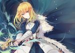  alternate_hairstyle armor armored_dress artoria_pendragon_(all) blonde_hair blood blue_eyes breastplate cape excalibur fate/zero fate_(series) faulds fur_trim gauntlets hair_down holding juliet_sleeves light_particles long_hair long_sleeves looking_at_viewer puffy_sleeves rain_lan saber solo sword weapon 
