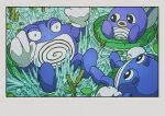  evolutionary_line flower highres lake lily_pad no_humans onamuzi_illust outdoors plant pokemon pokemon_(creature) pokemon_focus poliwag poliwhirl poliwrath sitting tail water 