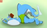  3_toes 5_fingers absurd_res anthro belly big_breasts big_tail blue_arms blue_body blue_feet blue_legs blue_skin blue_tail blue_toes bottomwear breasts carpet_shark cellphone claws clothed clothed_anthro clothed_female clothing electronics feet female female_anthro fin fingers fish ginglymostomatid green_background green_bottomwear green_clothing green_shorts grey_claws grey_ears hair hi_res holding_object holding_phone huge_breasts huge_tail hyper hyper_breasts looking_at_object looking_at_phone lying lying_on_breasts marine non-mammal_breasts nurse_shark on_breasts on_front phone pink_eyes red_hair shannon_shark shannon_shark_(artist) shark shorts simple_background smartphone solo tail toe_claws toes topless topless_female using_phone white_belly white_body white_breasts white_skin white_tail 
