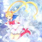  bishoujo_senshi_sailor_moon blonde_hair blue_background blue_eyes blue_sailor_collar boots bow brooch bug butterfly choker double_bun elbow_gloves gloves hair_ornament hairpin heart heart_choker insect jewelry knee_boots long_hair magical_girl multicolored multicolored_clothes multicolored_skirt pleated_skirt red_bow ribbon sailor_collar sailor_moon sailor_senshi_uniform skirt smile solo super_sailor_moon tiara tsukino_usagi twintails white_gloves yellow_choker yumikun 