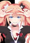  1girl bear_hair_ornament black_collar blonde_hair blue_eyes blush breasts cleavage collar collarbone commentary_request danganronpa danganronpa_1 dot_nose enoshima_junko evil_grin evil_smile eyebrows_visible_through_hair face fingernails grin hair_between_eyes hair_ornament hands highres large_breasts long_hair looking_at_viewer mako_dai_ni-dai multicolored multicolored_background nail_polish necktie out_of_frame red_nails red_ribbon ribbon school_uniform sharp_teeth simple_background smile solo teeth twintails v white_neckwear 