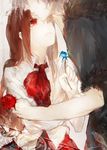  1girl blue_flower blue_rose brown_hair coat flower garry_(ib) ib ib_(ib) long_hair moemoe3345 purple_hair red_eyes red_flower red_rose rose short_hair smile tears 