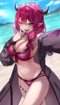  1girl absurdres beach bikini black_bikini black_coat black_horns blue_eyes blue_sky breasts cleavage coat commission crystal_wings day double_bikini double_halo halo highres hololive hololive_english horns irys_(hololive) irys_(holonatsu_paradise)_(hololive) large_breasts long_hair navel ocean official_alternate_costume one_eye_closed outdoors pointy_ears purple_bikini red_streaks sand sky solo soup_(soupysoull) swimsuit v virtual_youtuber wings 
