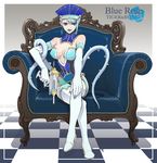  beco blue blue_eyes blue_hair blue_rose_(tiger_&amp;_bunny) boots breasts chair character_name checkered checkered_floor cleavage copyright_name crossed_legs crystal_earrings earrings elbow_gloves gloves gun hat high_heels jewelry karina_lyle large_breasts lipstick makeup shoes sitting solo superhero thigh_boots thighhighs tiger_&amp;_bunny weapon 