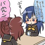  :t blue_eyes blue_hair brown_hair k-a-i kujikawa_rise long_hair lowres multiple_girls persona persona_4 persona_x_detective school_uniform shirogane_naoto translated twintails 