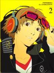  absurdres brown_eyes brown_hair face glasses hanamura_yousuke headphones highres jacket looking_at_viewer male_focus official_art persona persona_4 scan school_uniform simple_background smile soejima_shigenori solo upper_body 