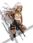  ahoge assault_rifle bad_id bad_pixiv_id belt boots dark_skin genderswap genderswap_(mtf) gun handgun highres holster imi_galil johnathan_mar jormungand long_hair looking_at_viewer midriff navel pistol red_eyes rff_(3_percent) rifle shadow shorts solo thigh_holster toned weapon white_hair 