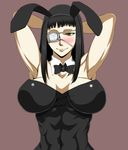  1girl animal_ears arm armpits arms arms_behind_head arms_up black_hair blush bow bowtie breasts bunny_ears bunny_girl bunnysuit clothed_navel detached_collar eyepatch fake_animal_ears female highres hikora jormungand large_breasts long_hair pixiv_manga_sample resized smile sofia_valmer solo yellow_eyes 