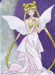  1girl bare_arms bishoujo_senshi_sailor_moon blonde_hair crescent crown double_bun dress eyes_closed facial_mark forehead_mark hands_on_own_chest hands_to_chest hands_together highres interlocked_fingers long_hair neo_queen_serenity odango official_art smile solo strapless_dress tiara tsukino_usagi twintails very_long_hair white_dress 