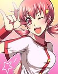  ;d \m/ akane_(pokemon) blush breasts gradient gradient_background gym_leader hair_ornament hairclip medium_breasts morphine_(sugar) one_eye_closed open_mouth pink_eyes pink_hair pokemon pokemon_(game) pokemon_hgss smile solo star twintails upper_body wristband 