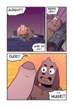 anthro backwards_baseball_cap backwards_hat barefoot baseball_cap bed bedroom big_penis blush bodily_fluids bottomwear canid canine canis clothed clothed/nude clothing comic dialogue domestic_dog domestic_pig drooling duo english_text erection feet furniture genitals glans happy hat headgear headwear hi_res inside kneeling looking_at_genitalia looking_at_penis male male/male mammal multiple_scenes nightstand nude octavio_(t0l0k) on_bed orange_clothing orange_shirt orange_topwear pants penis red_clothing red_hat red_headwear removing_pants roy_(t0l0k) saliva shirt sitting sitting_on_bed suid suine sus_(pig) t0l0k tail tank_top text three_frame_image topwear undressing_another